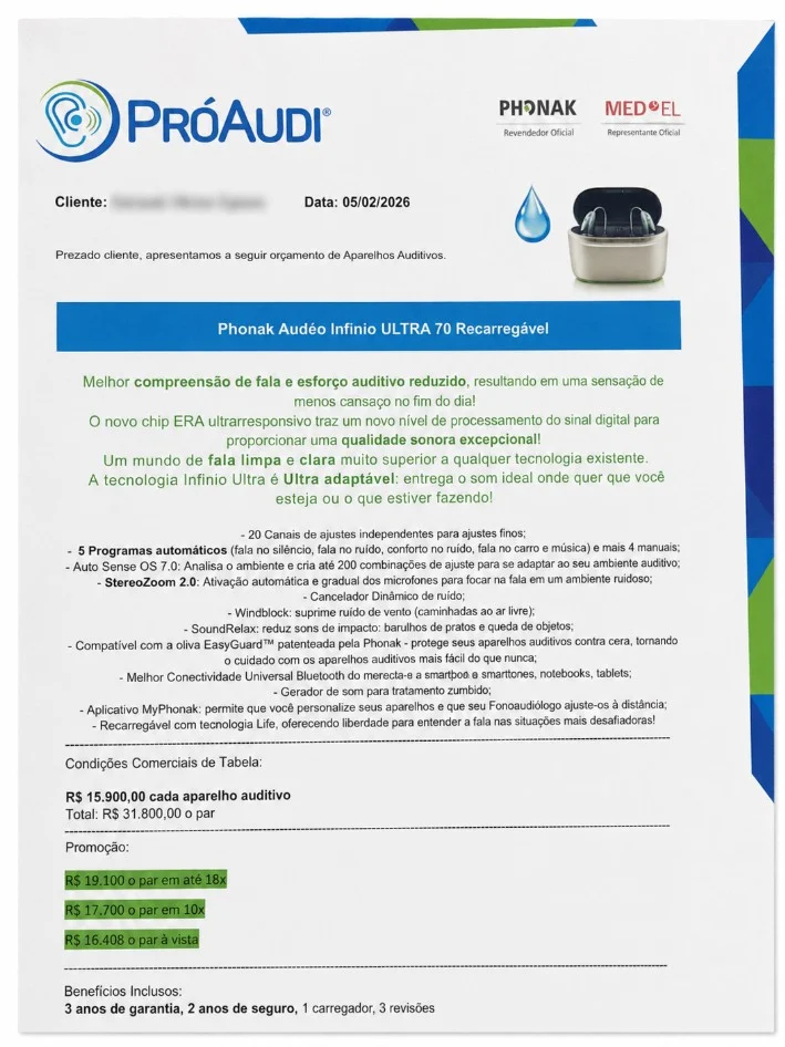 Guia do ORÇAMENTO de Aparelho Auditivo em 2026: fotos reais orçamento phonak infinio